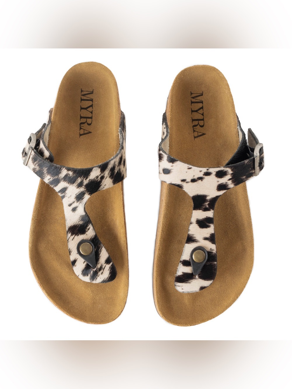 MYRA CHINO HAIRON LEATHER SANDALS FOR WOMEN WESTERN TOE LOOP FLATS WITH CORK 9